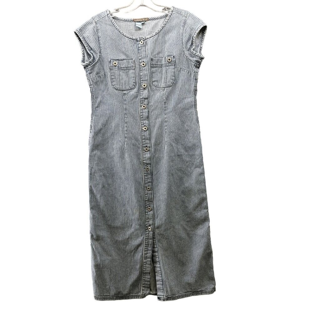 Isabella Bird Midi Dress Size 6P Denim‎ Cap Sleeve Button Down Blue Striped